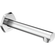 Chrome tub spout with cylindrical outlet and angled wall-mounted escutcheon plate.