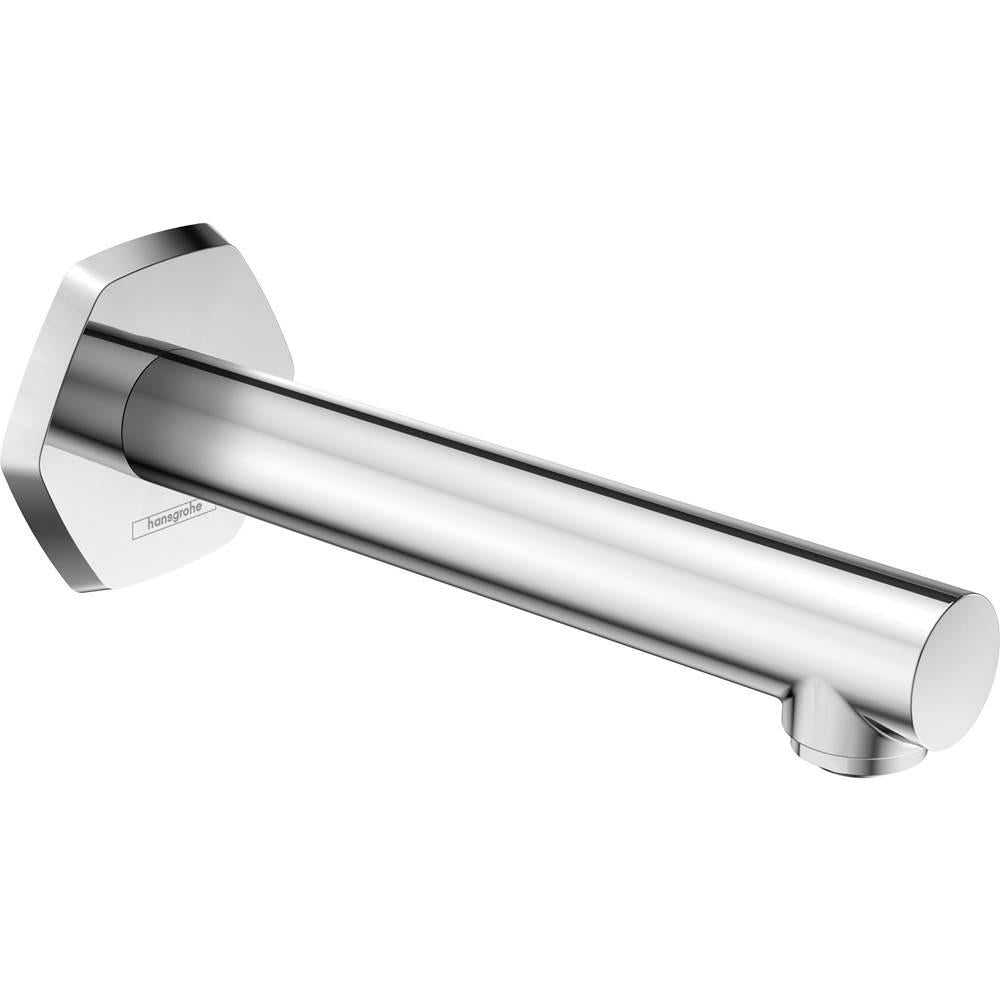 Chrome tub spout with cylindrical outlet and angled wall-mounted escutcheon plate.
