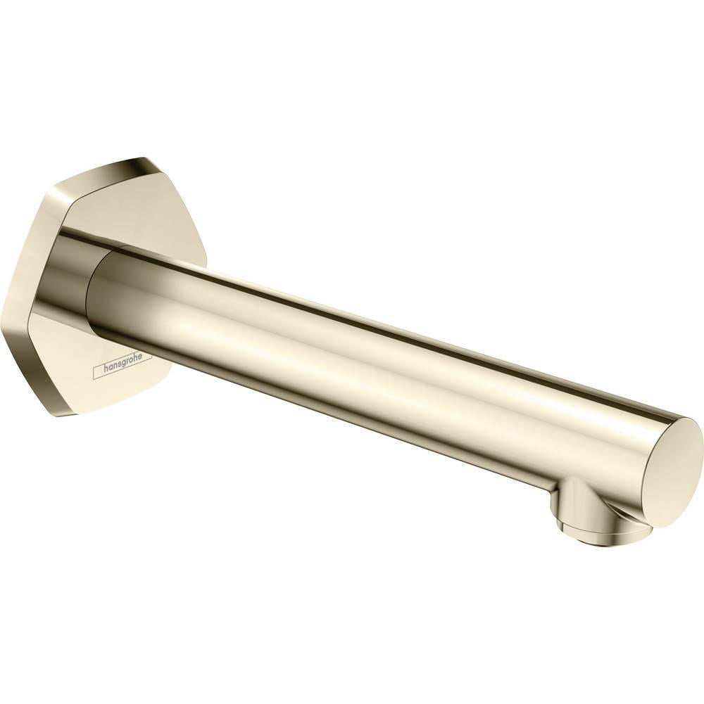 Polished nickel tub spout with cylindrical outlet and angular wall-mounted escutcheon.