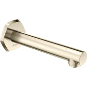 Polished nickel tub spout with cylindrical outlet and angular wall-mounted escutcheon.