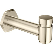 Polished nickel tub spout with diverter, angled cylindrical outlet with square wall mount and pull-up diverter lever.