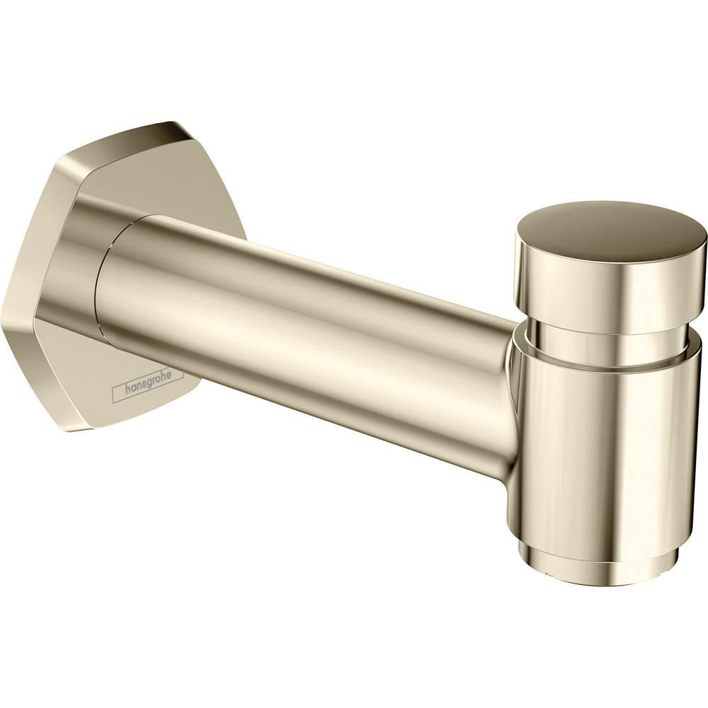 Polished nickel tub spout with diverter, angled cylindrical outlet with square wall mount and pull-up diverter lever.