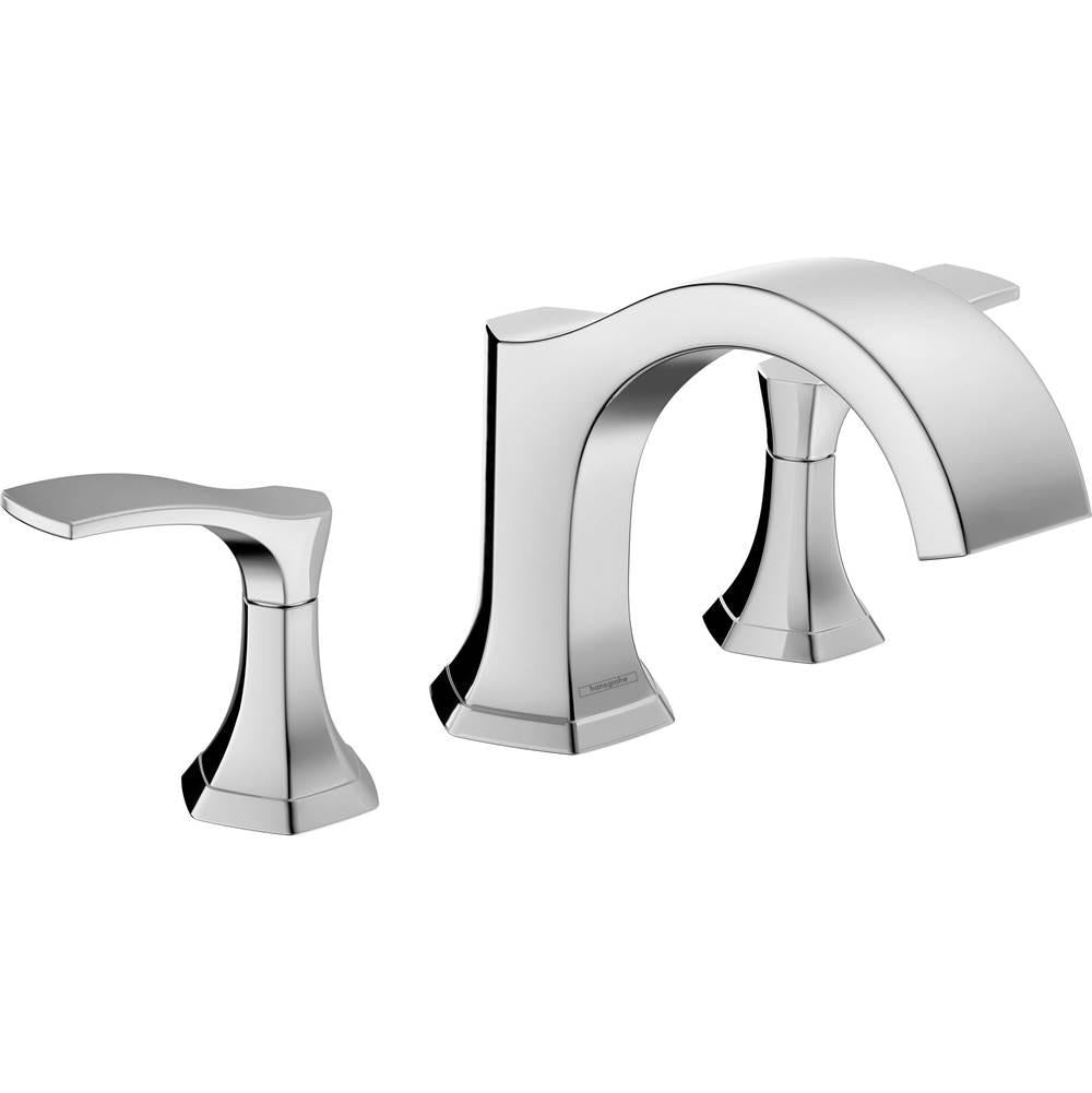 Chrome three-hole roman tub faucet trim with curved spout and two lever handles in polished finish.