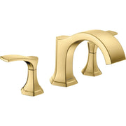 Brushed gold three-piece roman tub faucet trim with curved spout and two lever handles.