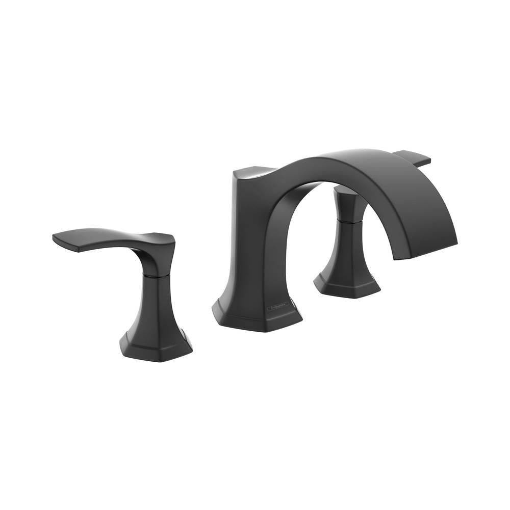 Matte black three-hole roman tub faucet set with curved spout and two lever handles.
