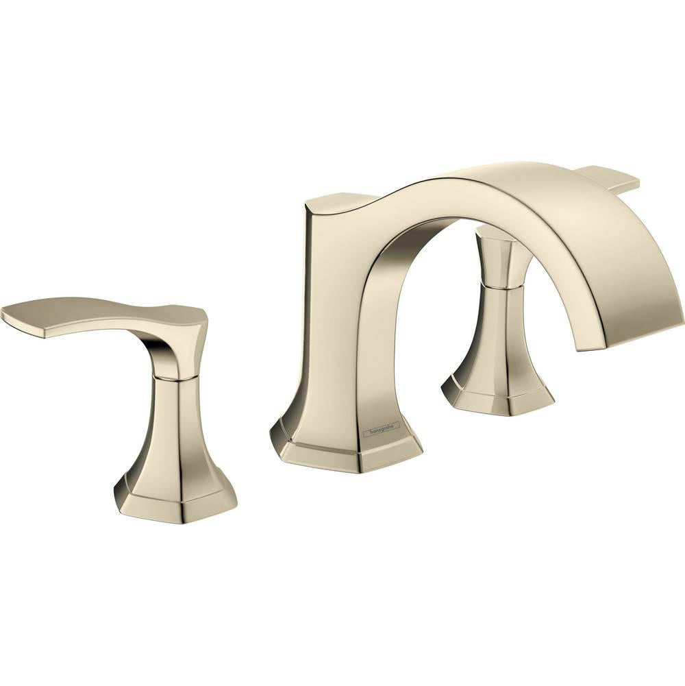 Polished nickel three-hole roman tub faucet trim with curved spout and two lever handles.