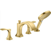 Brushed gold four-hole Roman tub faucet set with curved spout, two lever handles, and detachable handheld showerhead.