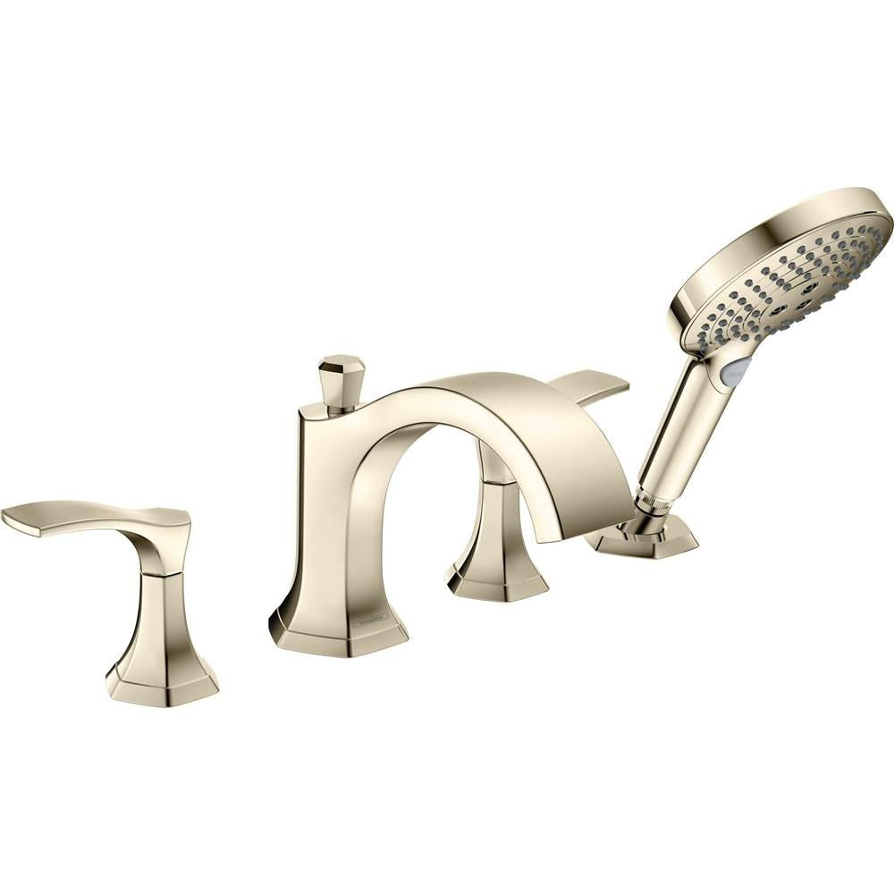 Polished nickel four-hole Roman tub faucet set with curved spout, two lever handles, and detachable handheld showerhead.