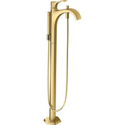Brushed gold freestanding tub filler with curved spout, single handle, and detachable handshower on hose.