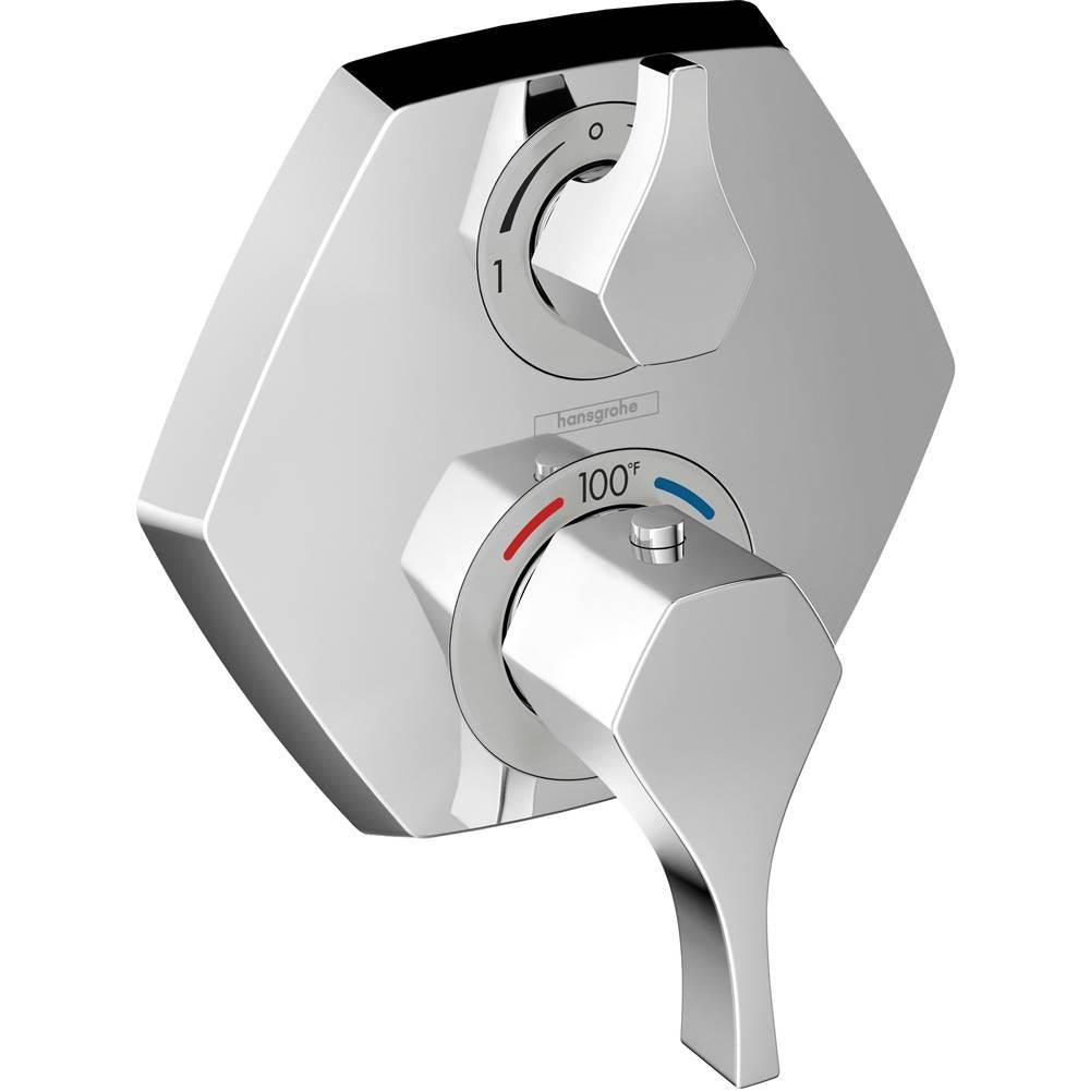 Chrome thermostatic shower trim with upper volume control dial and lower temperature dial marked 0 to 100 degrees.