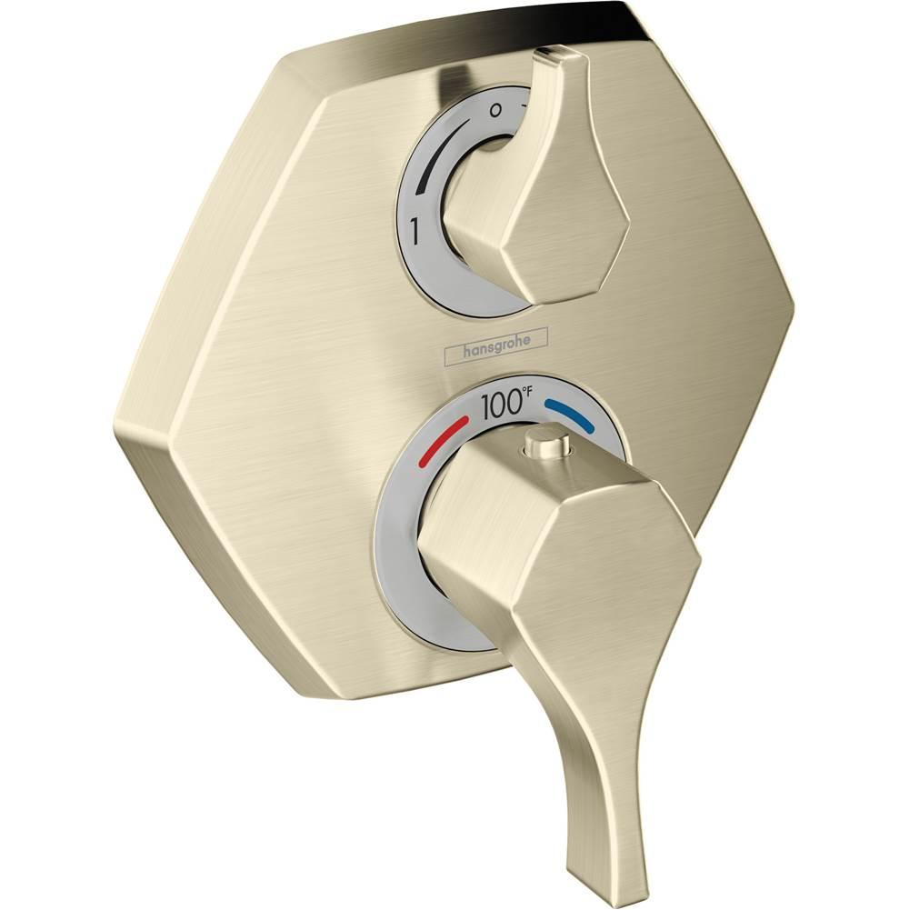 Brushed nickel thermostatic shower trim with upper volume control dial and lower temperature control dial marked 0-100°F.