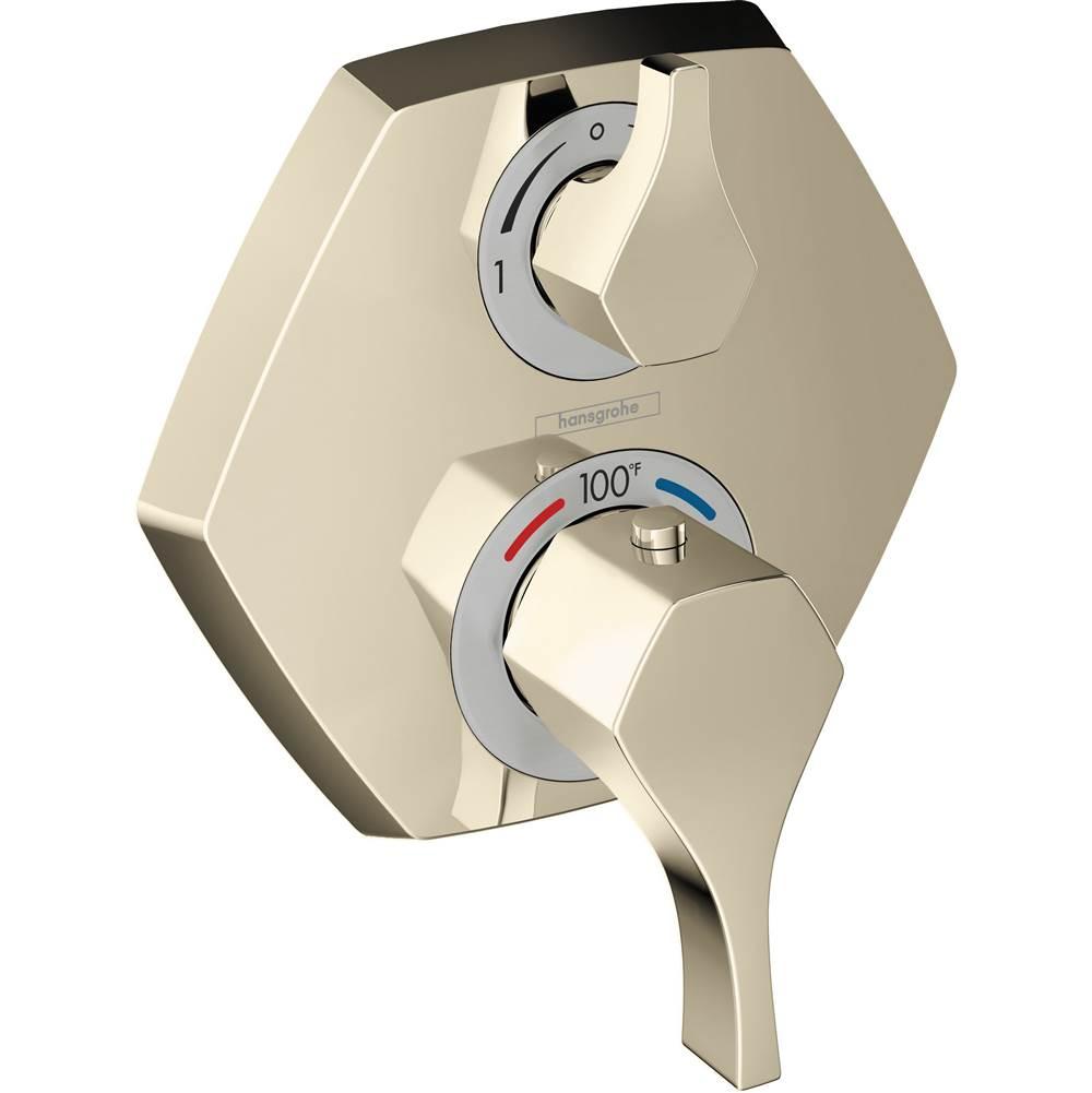 Polished nickel thermostatic shower trim with upper volume control dial and lower temperature dial marked to 100°F.