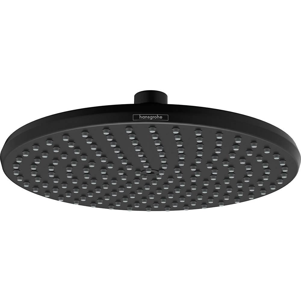 Matte black round shower head with perforated face and center inlet connection.