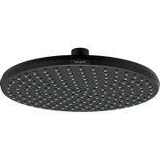 Matte black round shower head with perforated face and center inlet connection.