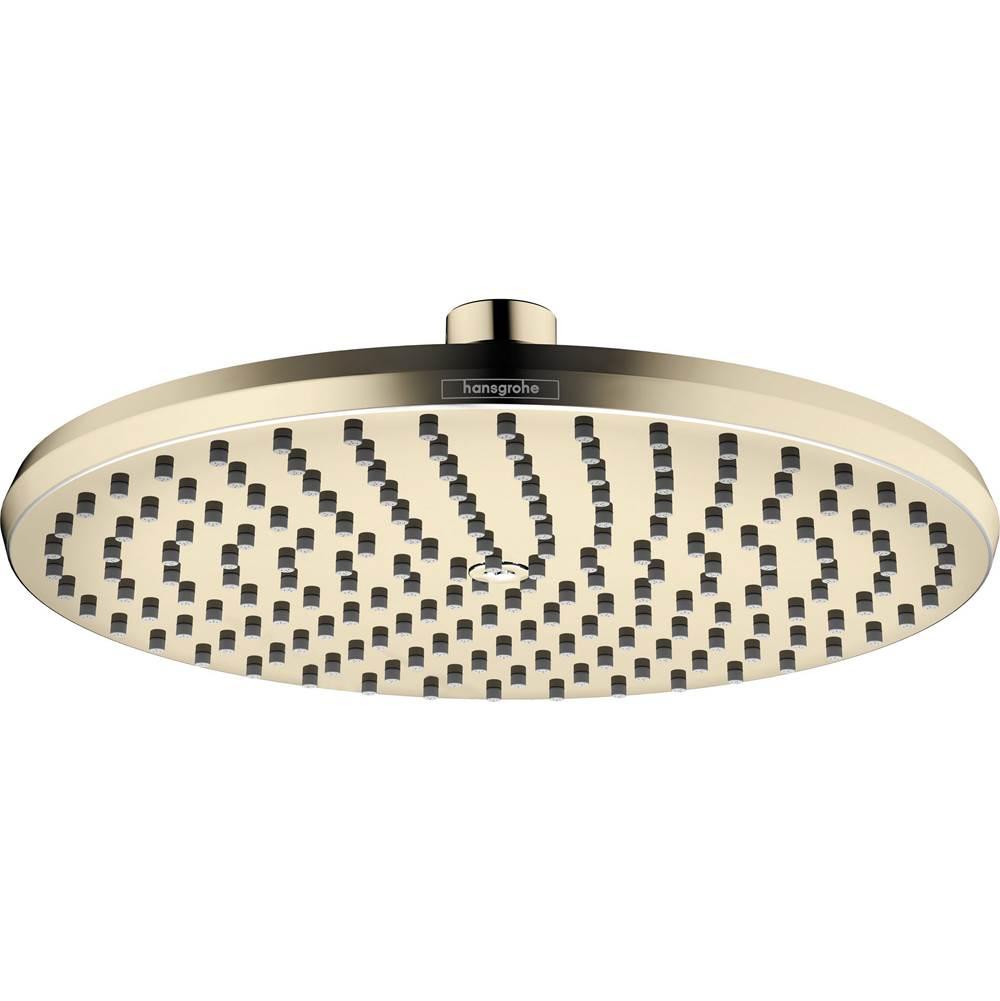Polished nickel round shower head with multiple jets and ceiling mount arm.