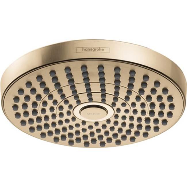 Hansgrohe Croma Select S round shower head with multiple spray jets in brushed bronze finish.