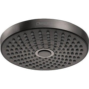 Brushed black chrome round shower head with multiple spray jets and Hansgrohe branding on rim.
