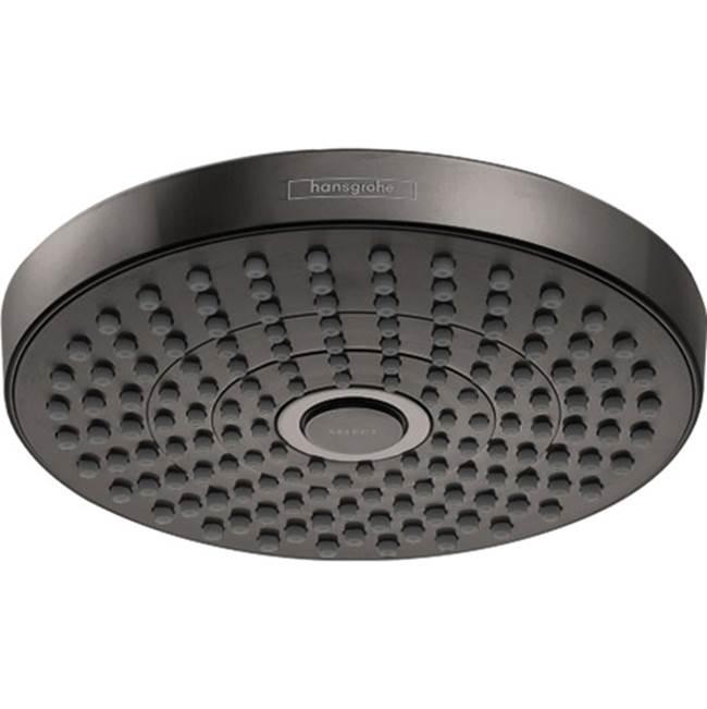 Brushed black chrome round shower head with multiple spray jets and Hansgrohe branding on rim.