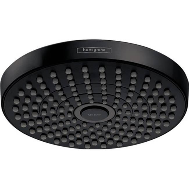 Matte black circular shower head with multiple spray jets and Hansgrohe branding on rim.