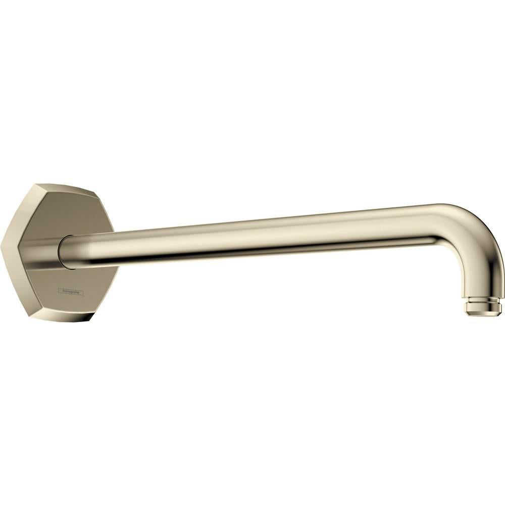 Polished nickel shower arm with hexagonal wall mount and curved outlet.