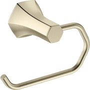 Brushed nickel toilet paper holder with geometric angular design and curved open loop base.