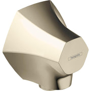 Polished nickel wall outlet with curved geometric design and Hansgrohe branding on cylindrical body.