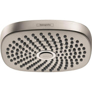Brushed nickel round shower head with multiple spray jets arranged in concentric circles and center select button.