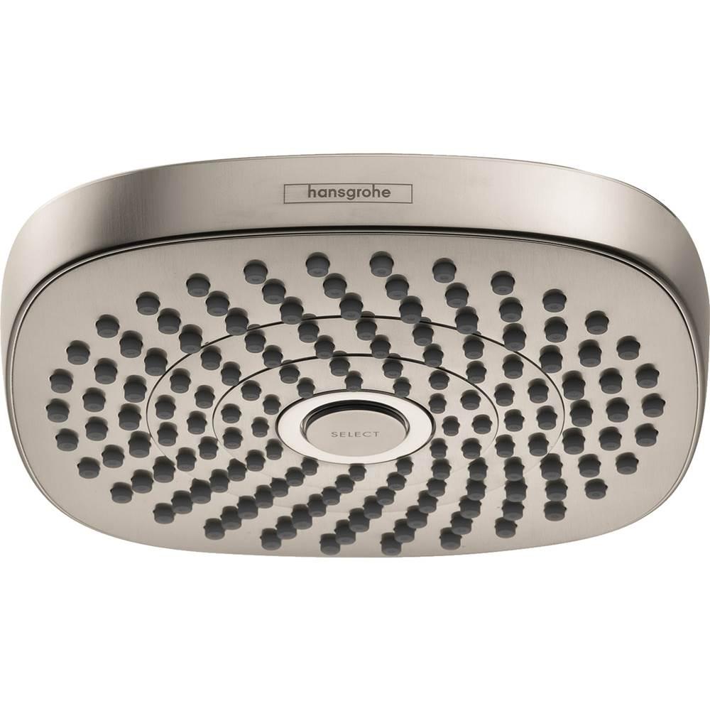 Brushed nickel round shower head with multiple spray jets arranged in concentric circles and center select button.