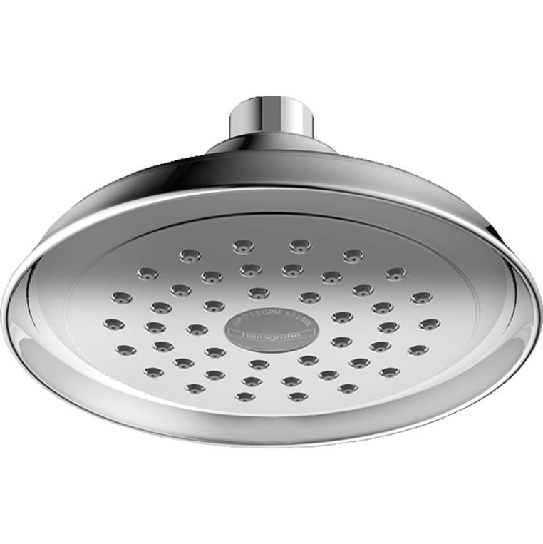 Chrome showerhead with round flat face and multiple spray jets, mounted on chrome arm.