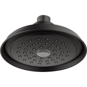Matte black round shower head with multiple spray jets and ceiling-mounted arm.