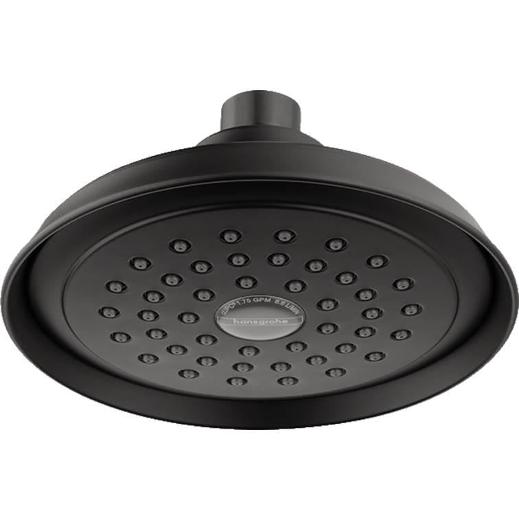 Matte black round shower head with multiple spray jets and ceiling-mounted arm.