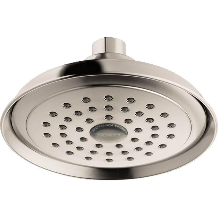Brushed nickel round shower head with multiple spray jets and cylindrical connector arm.