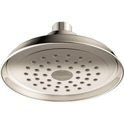 Polished nickel round shower head with multiple spray jets and cylindrical connector arm.