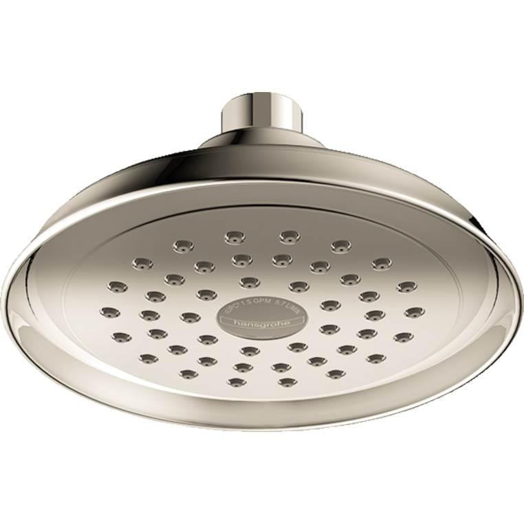 Polished nickel round shower head with multiple spray jets and cylindrical connector arm.