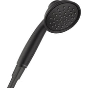 Matte black handheld showerhead with round spray face and cylindrical grip handle.