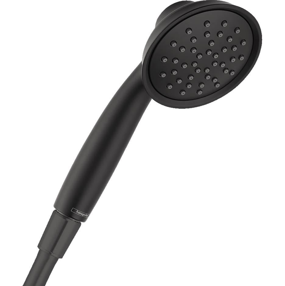 Matte black handheld showerhead with round spray face and cylindrical grip handle.