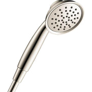 Polished nickel handheld showerhead with circular face containing multiple spray jets and tapered handle.