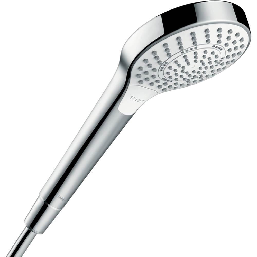 White and chrome handheld showerhead with multiple spray jets and textured face plate.