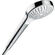 White and chrome handheld showerhead with multiple spray jets and textured face plate.