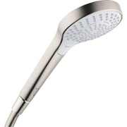 Brushed nickel handheld showerhead with white face and perforated spray pattern, attached to metal hose.