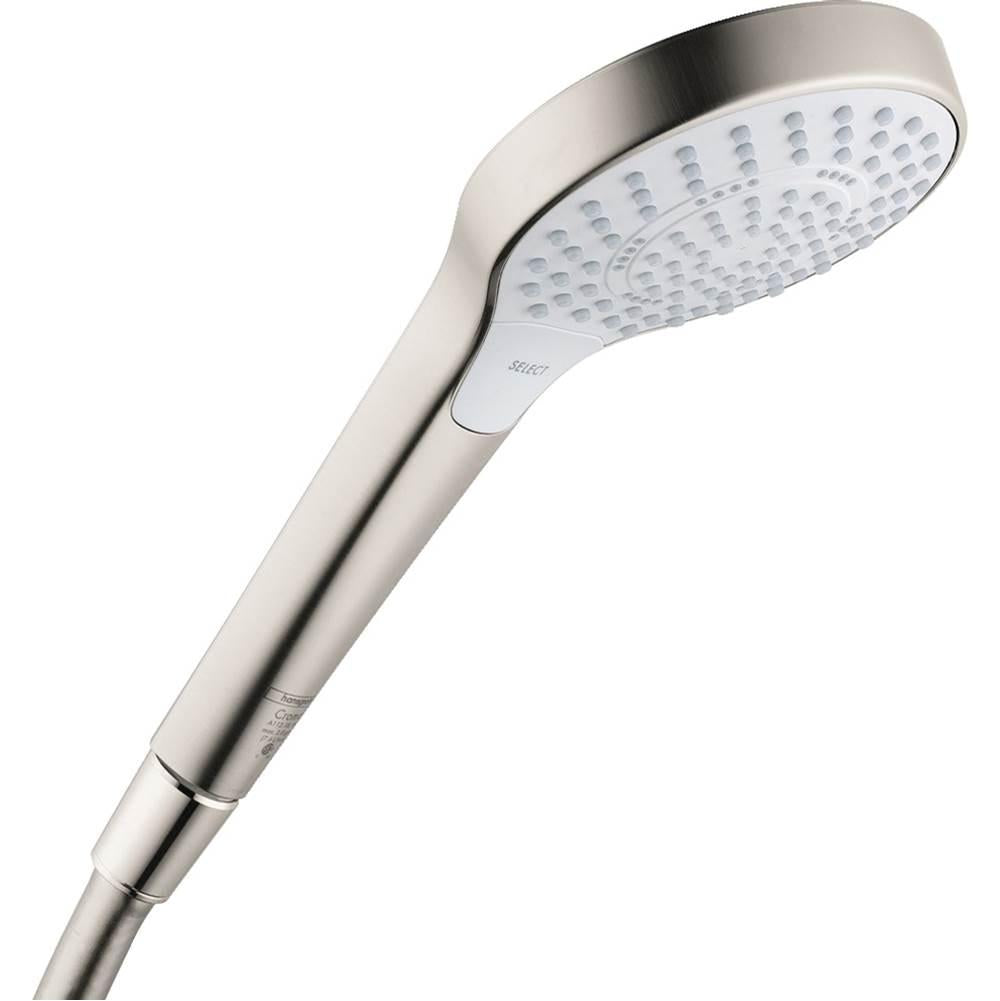 Brushed nickel handheld showerhead with white face and perforated spray pattern, attached to metal hose.