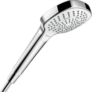 Chrome and white handheld showerhead with multiple spray jets and cylindrical handle against white background.