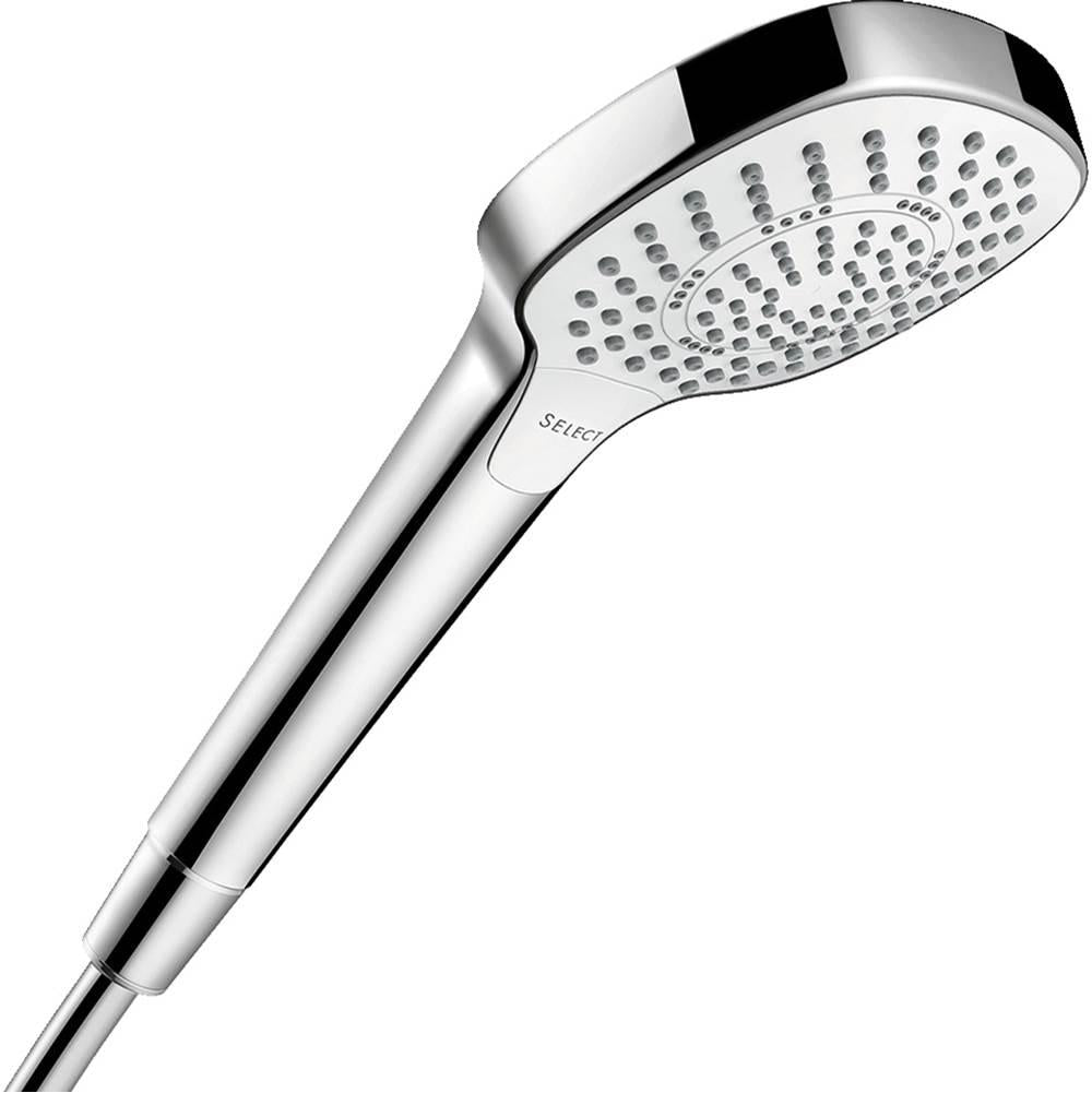 Chrome and white handheld showerhead with multiple spray jets and cylindrical handle against white background.