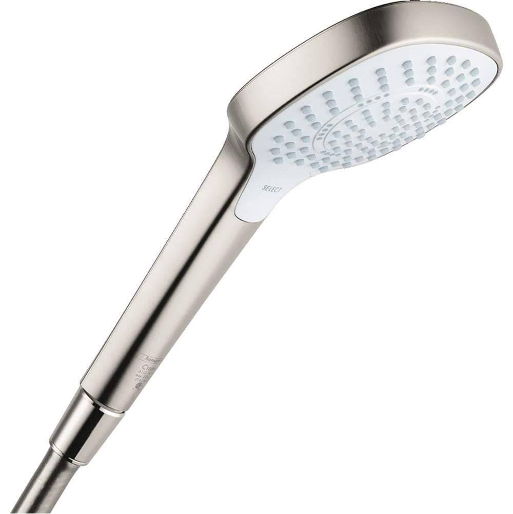 Brushed nickel handshower with white spray head and elongated handle angled upward.