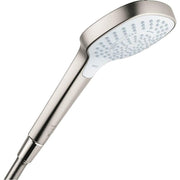 Brushed nickel handshower with white spray head and elongated handle angled upward.