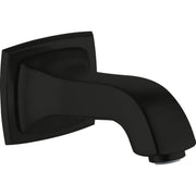 Matte black curved tub spout with square wall-mounted base and angled outlet.