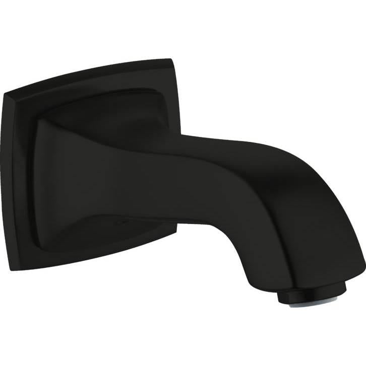 Matte black curved tub spout with square wall-mounted base and angled outlet.