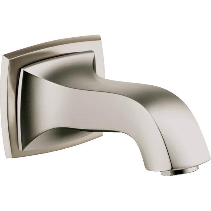 Polished nickel curved tub spout with square wall-mounted base and angled outlet.