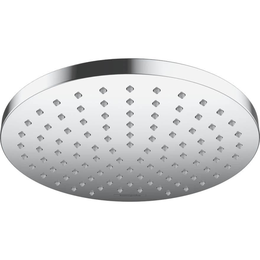 Chrome round shower head with multiple jets distributed across white face and chrome rim.