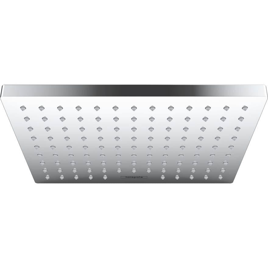 Chrome rectangular shower head with multiple small spray jets arranged in grid pattern and chrome trim edge.